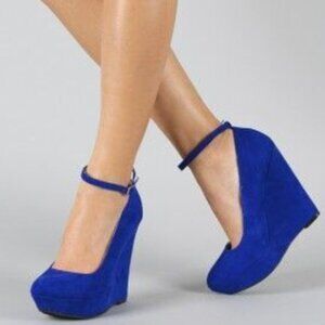 Ann Taylor Lina Women's 8M Cobalt Blue Pony Hair Platform 4.5" Wedge Heels